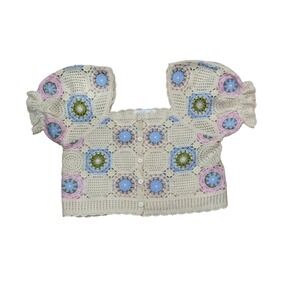 Threaded Leaf Crochet Granny Square Cropped Cardigan Pastel Puff Sleeve S/M